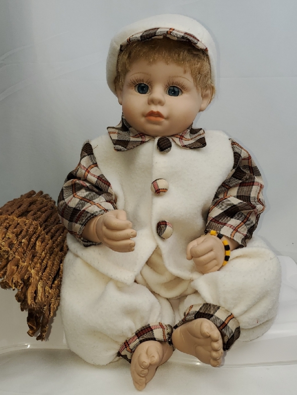 Heritage 2000 Cream Plush-Look Baby Boy Doll with Brown Plaid Outfit
